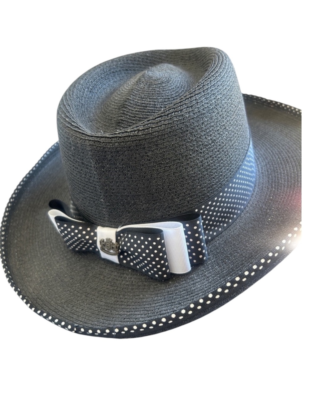 Biltmore Vintage Couture Black Straw Sun Hat Fedora Polka Dot Ribbon Bow Sz. S/M